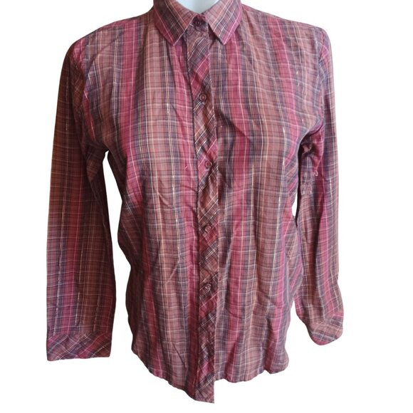 Small Vintage Hippy Plaid Top 1970's Button-Up Shiny Gold Thread Boho Blouse - Picture 2 of 6